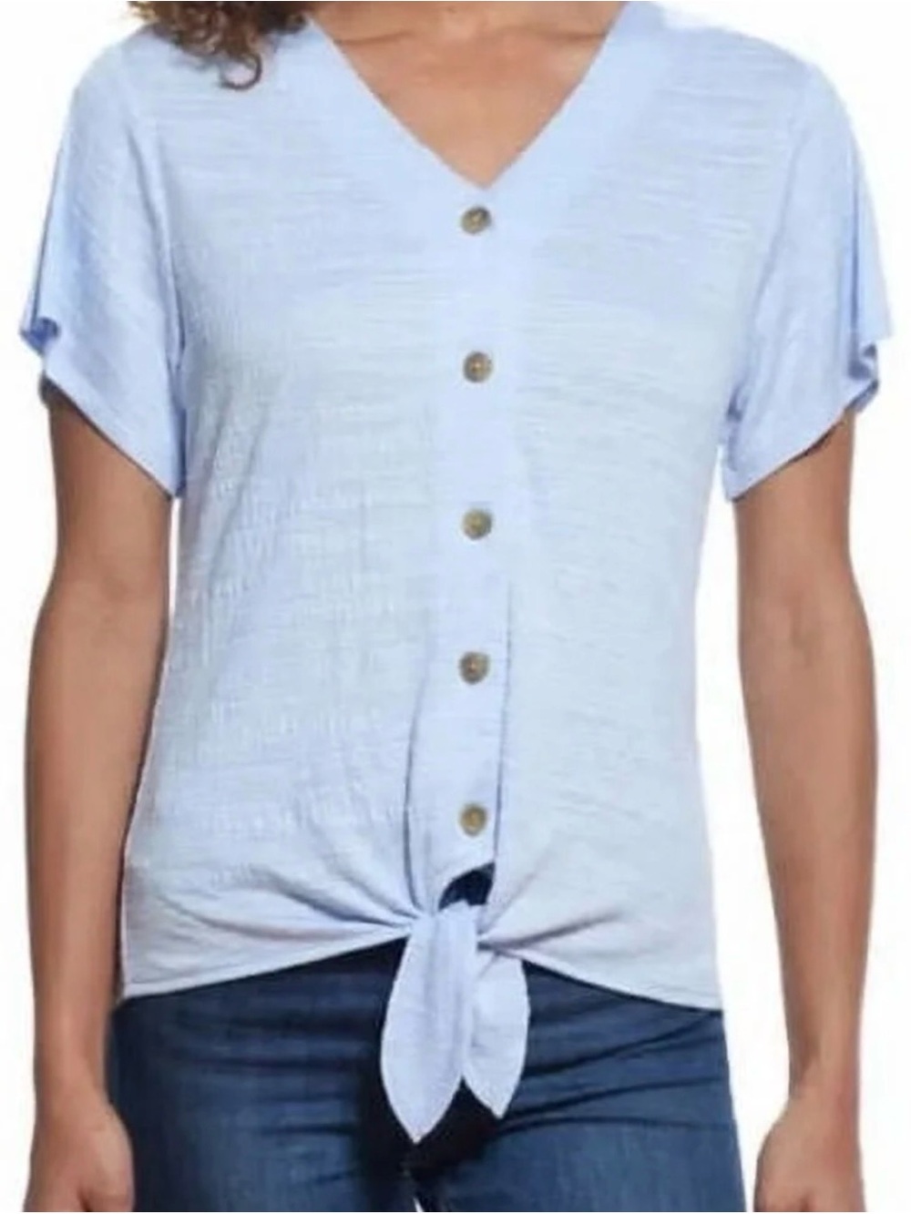 Weatherproof Vintage V-Neck Light Blue Button Front Tie-Front Crop Top M